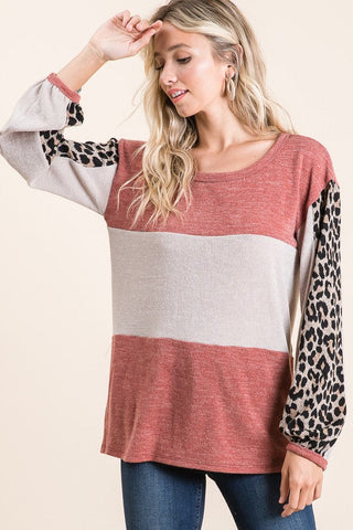 Leopard Sleeve Sweater Knit Top - Rust