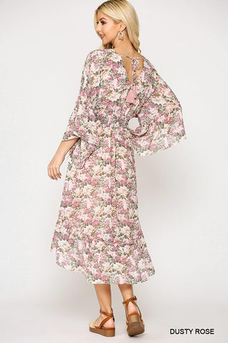 Chiffon Floral Kimono Sleeve Dress - Rose