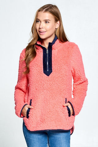 Sherpa Pullover with Zipper - Hot Pink and Navy