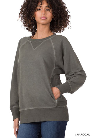 Crew Neck Sweatshirt with Pockets - Charcoal