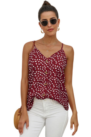 V-Neck Spaghetti Button Up Strap Top - Red