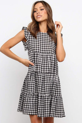 Gingham Ruffle Sleeve Dress - Black