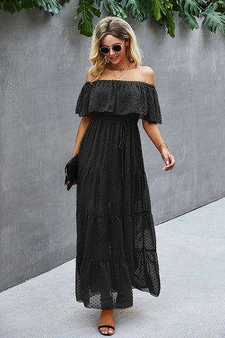 Off Shoulder Swiss Dot Maxi Dress - Black