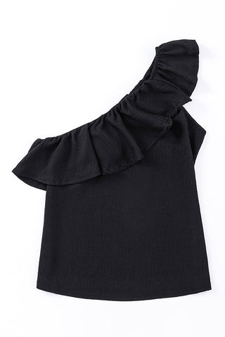 Crinkle Fabric One Shoulder Top - Black