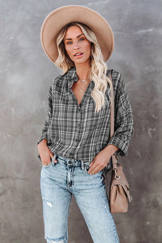 Relaxed Fit Plaid Button Up Top - Gray