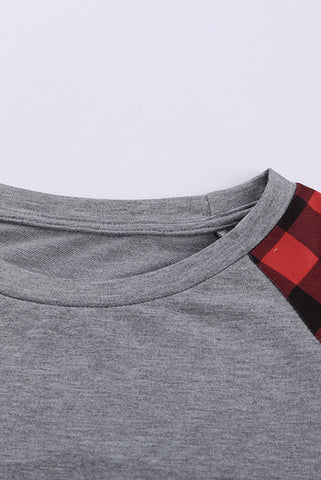 Light Gray Buffalo Plaid and Striped Top - Red