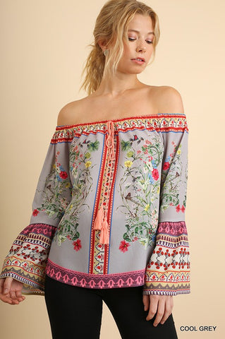 Boho Off Shoulder Floral Top - Grey