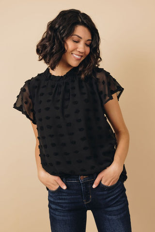 Swiss Dot Flutter Sleeve Top - Black