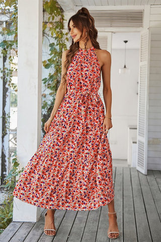 Floral Halter Maxi Dress - Red