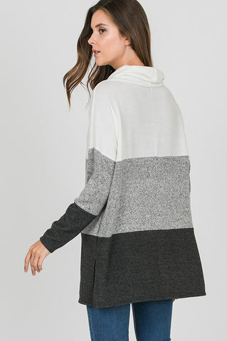 Cozy Cowl Neck Color Block Top - White and Charcoal