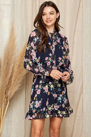 Chiffon Floral Print Dress - Navy