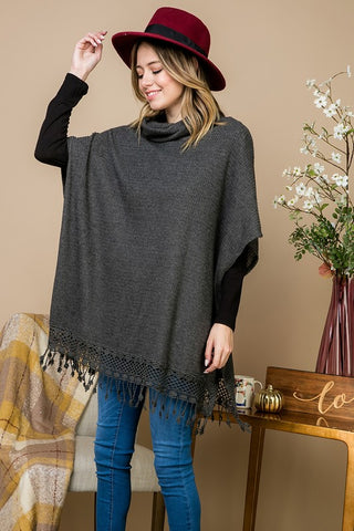 Lace Fringe Poncho Style Top - Charcoal