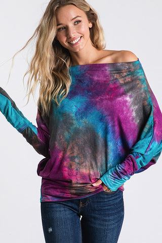Tie Dye Dolman Top - Aqua and Plum