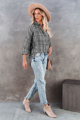 Relaxed Fit Plaid Button Up Top - Gray