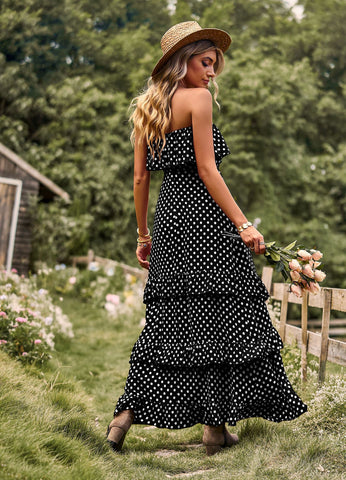 Polka Dot Strapless Maxi Dress - Black