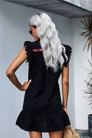 Embroidered Shift Dress with Pom Poms - Black