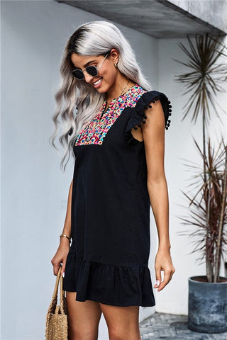Embroidered Shift Dress with Pom Poms - Black