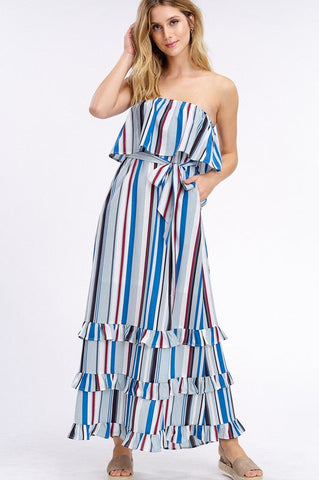 South of the Border Strapless Striped Maxi Dress - Gray Mix