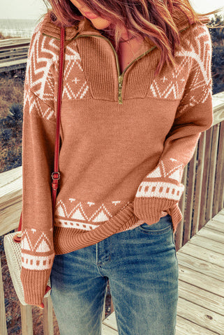 Aztec Zip Up Sweater - Pink