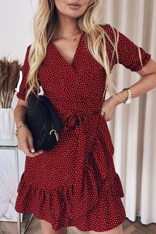 Ruffle Dotted Wrap Dress - Red