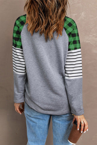 Light Gray Buffalo Plaid and Striped Top - Green