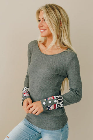 Button Cuff Ribbed Top - Charcoal