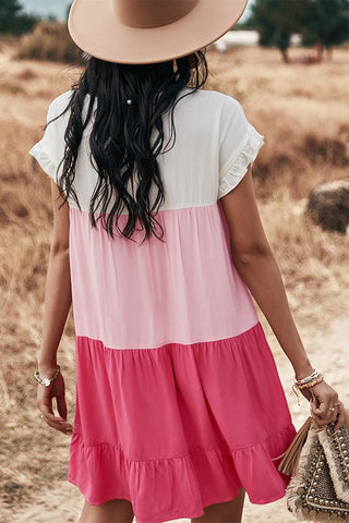 Color Block Ruffle Dress - Pink