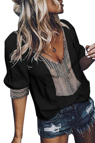 Embroidered V-Neck Top - Black