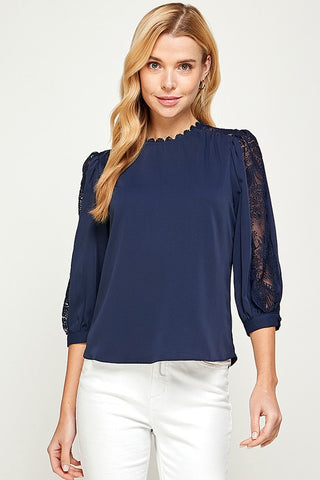 3/4 Sleeve Lace Top - Navy