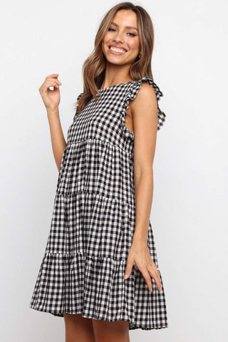 Gingham Ruffle Sleeve Dress - Black