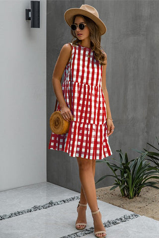 Checkered Sleeveless Dress -  Red