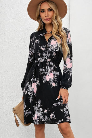 Collared Floral Dress - Black