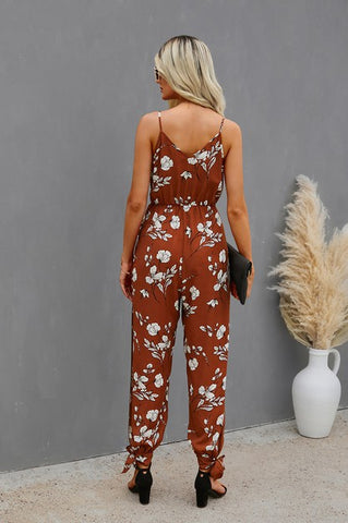 Spaghetti Strap Jumpsuit - Caramel Floral