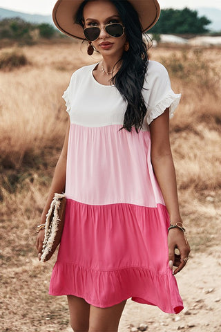 Color Block Ruffle Dress - Pink