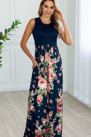 Lace and Floral Maxi Dress - Navy