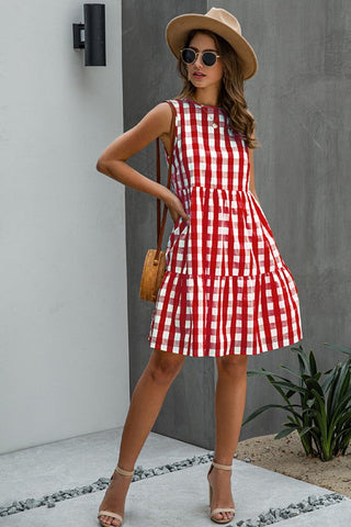 Checkered Sleeveless Dress -  Red