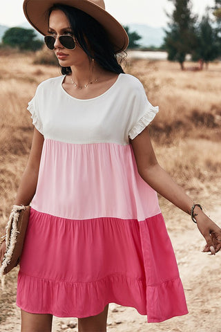 Color Block Ruffle Dress - Pink