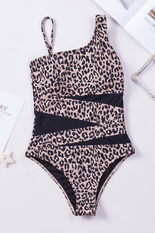 Mesh One Shoulder One Piece Swimsuit - Leopard