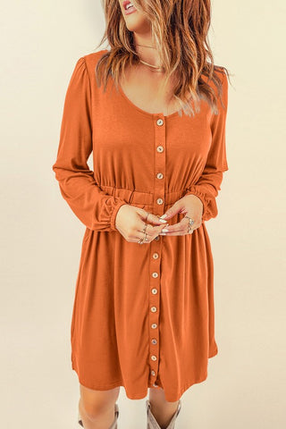 Button Up Long Sleeve Dress - Orange