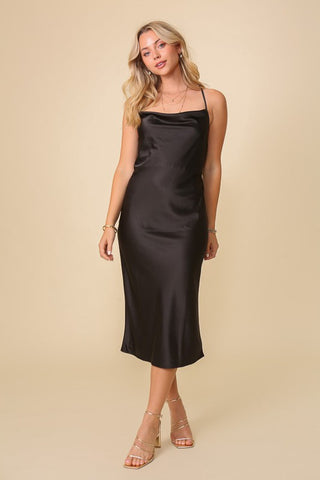 Midi Satin Cocktail Dress - Black