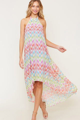 Pastel Rainbow Zig Zag Halter Maxi Dress