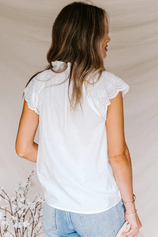 Embroidered Eyelet Cap Sleeve Top - White