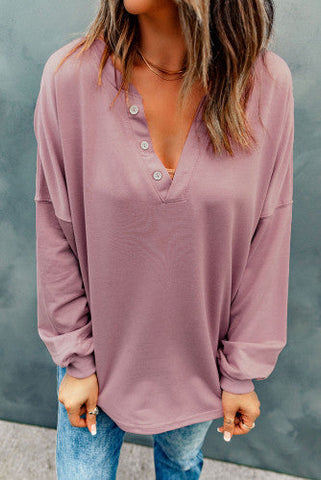 Casual Pullover Top with Buttons - Pink