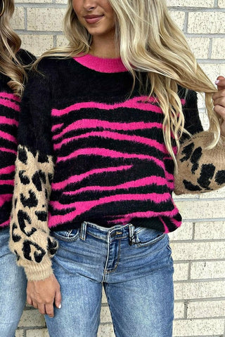 Fuzzy Pink and Black Leopard Sweater