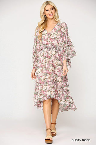 Chiffon Floral Kimono Sleeve Dress - Rose