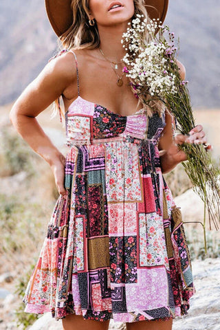 Boho Patchwork Dress - Pink