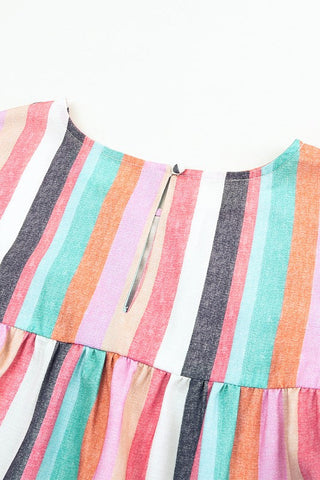 Linen Colorful Striped Ruffle Sleeve Top - Pastel