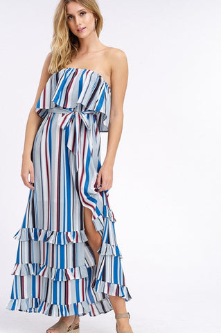 South of the Border Strapless Striped Maxi Dress - Gray Mix