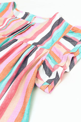 Linen Colorful Striped Ruffle Sleeve Top - Pastel