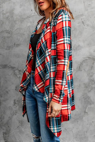 Plaid Hooded Cardigan with Elbow Patches